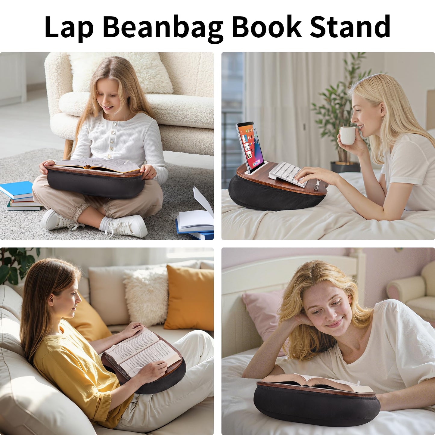 JARLINK Lap Beanbag Book Stand, Hands-Free Reading Pillow Stand for Neck Support, Comfortable Beanbag Book Holder for Bed, Sofa, Dorm Room, Travel (Muted Gray)