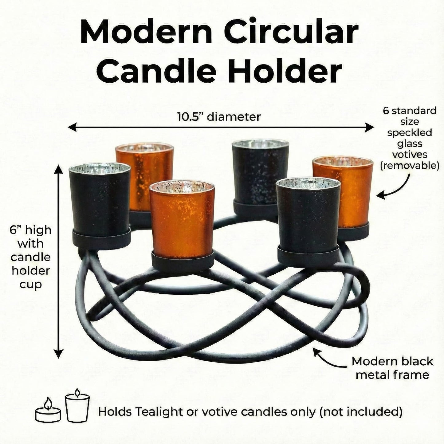 Seraphic Halloween Centerpiece Table Decor Candle Holder for Kitchen, Dining Room, and Coffee Tables, Glass Votive Tealight Holders, Black, 6 Black/Orange Cups