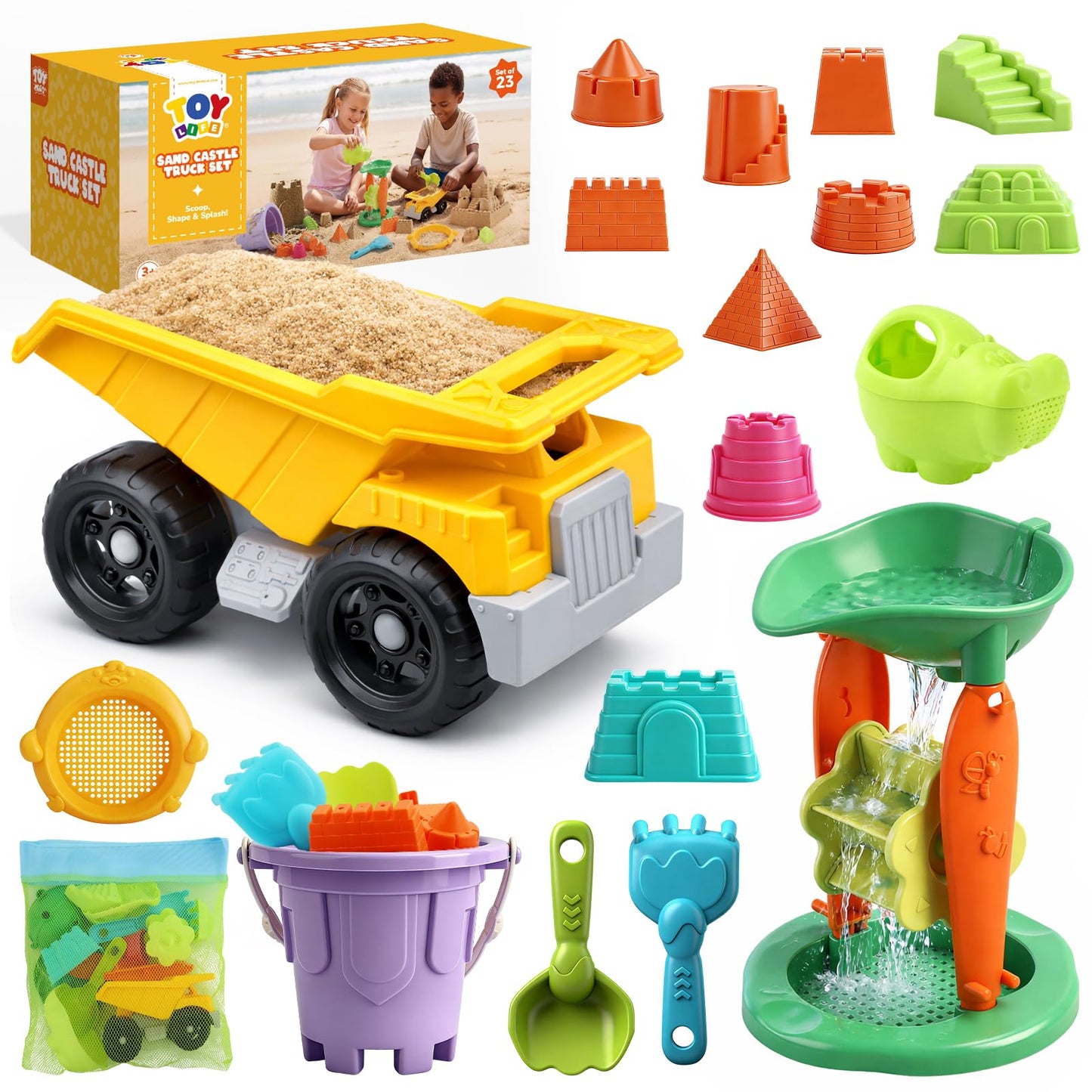 TOY Life 23 Pcs Beach Toys for Kids Sand Toys with Construction Cars Castle Bucket Shovels & Sand Castle Building Kit Molds, Sandbox Toy for Summer Water Play, Travel, Fishing