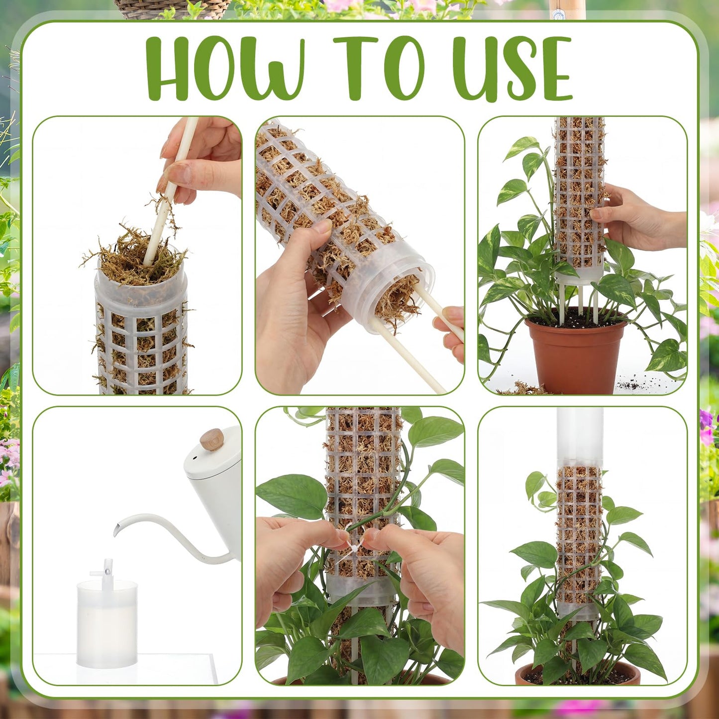 Joyfolk 4 Pack Self-Watering Plastic Moss Stake for Monstera Plant Support Multi-Size Stackable and Refillable Plastic Moss Stakes for Climbing Plants with Large Mesh Design