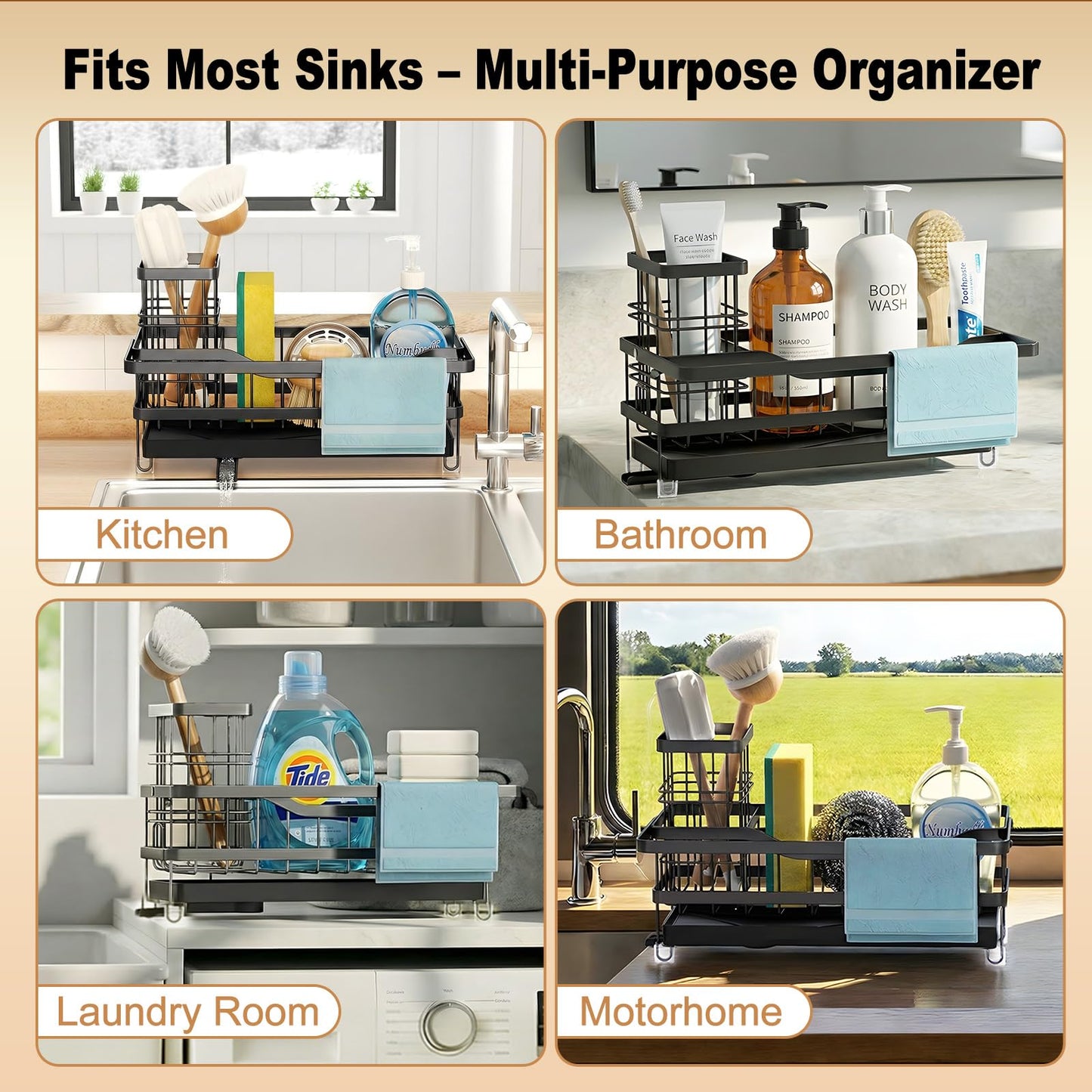 GUUKAR Sponge Holder for Kitchen Sink, Self-draining Sink Organizer with Towel Rack and Brush Holder, Metal Kitchen Sink Organizer for Countertop, Black