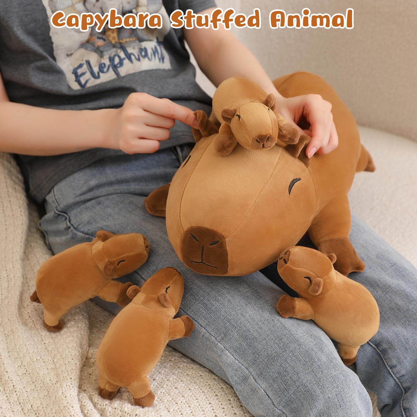 TOYSYM Capybara Plush Cute Capybara Stuffed Animal Pillow with 4 Baby Plushies in Her Tummy, Soft Cotton Stuffed Animals Toy Gifts for Kids