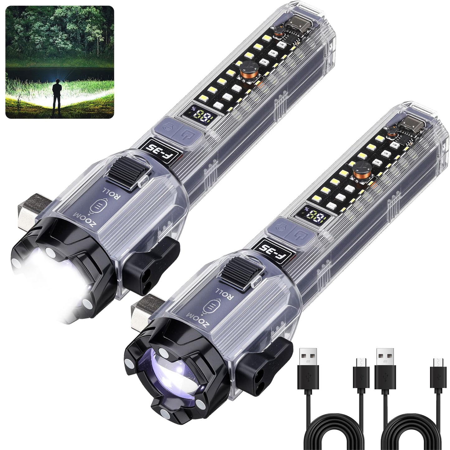Car Emergency Flashlights Rechargeable 2Packs, 990,000L High Lumens Car Flashlight Emergency Kit, 7 Modes Tactical LED Flash Light with Window Breaker, Belt Cutter, Alarm Buzzer, Magnet, USB C for Car