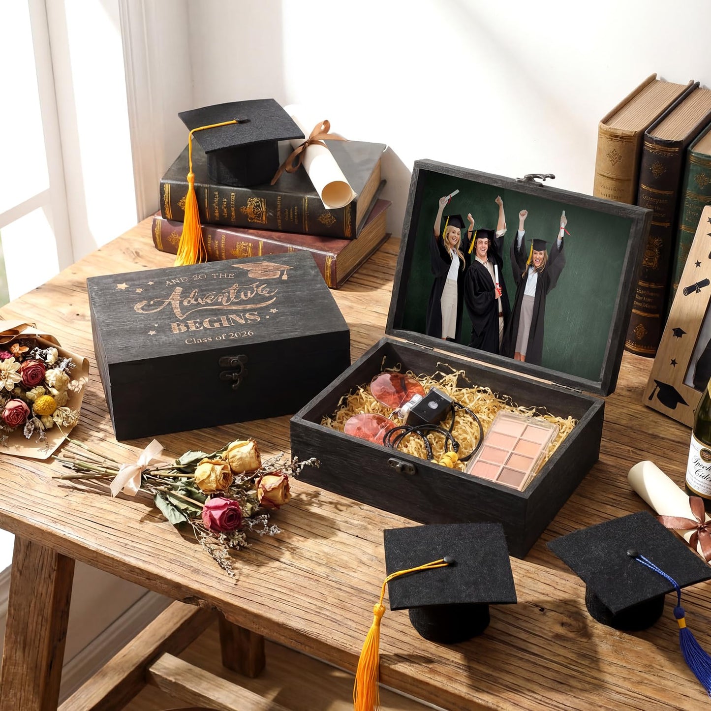 BreezeHug 2 Pcs Class of 2026 Graduation Keepsake Box Senior 2026 Gift Memory Chest Wooden Box with Hinged Lid Engraving Graduation Gift Boxes for Him or Her Graduate Grad Keepsake Memory Storage