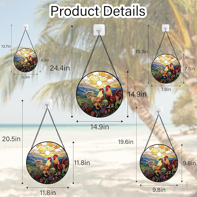 AMDERVEN Stained Glass Window Hanging, Countryside Scenery Chicken Sun Catcher for Door Home Decor Sunrise Suncatcher Christmas Mother's Day Birthday Gifts for Women Men Mom Nana 15 in