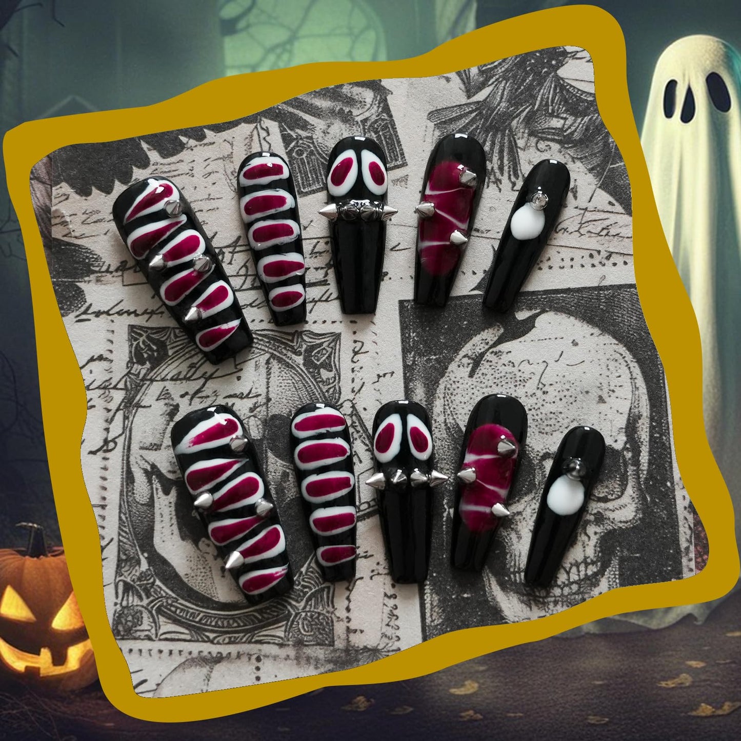 Tesytto Snake Press on Nails Long Coffin Y2K Edgy Design - 3D Metal Studs Charms Punk Goth False Nails, Reusable False Nails for Halloween, Parties (Snake Skin,M)
