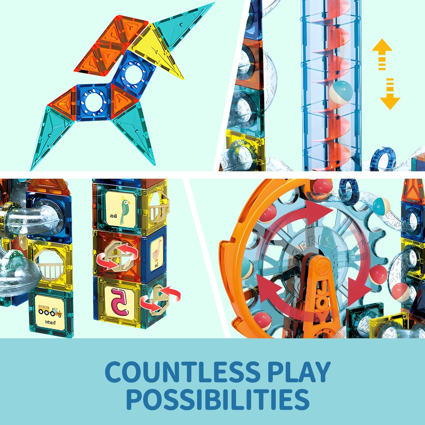 Motorized Marble Run Set, 107 Piece Magnetic Tile Building Toy with Ferris Wheel and Elevator, Music and Lights Marble Maze STEM Game for Kids Ages 4 to 12, Educational Gift