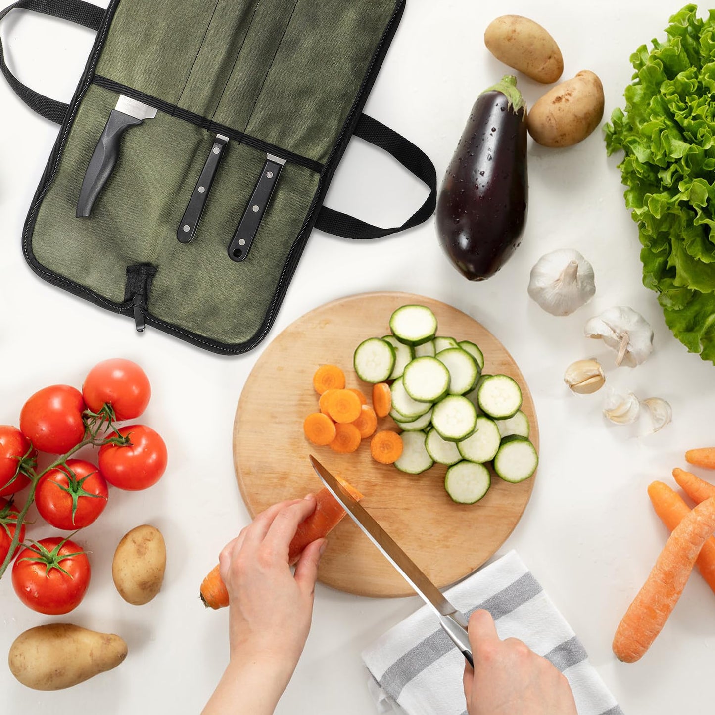Tosnail Chef Knife Roll Bag with 4 Slots, Heavy Duty Waxed Canvas Knife Bag with Handle, Kitchen Knife Storage, Portable Knife Carrying Case