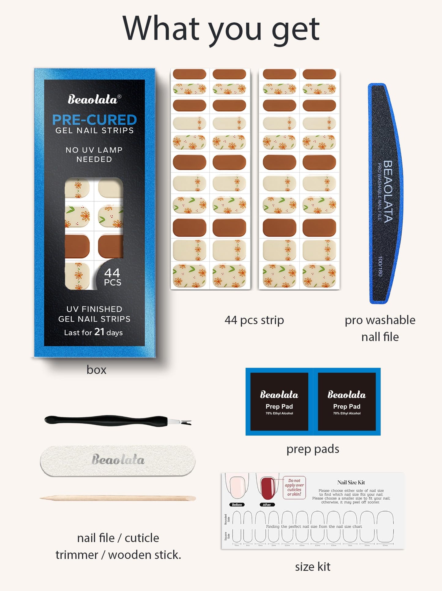 Beaolata Real Gel Nail Strips (No UV Light Needed) - 44Pcs Salon Quality Nail Stickers - Long Lasting Polish Wraps for Women, Easy Apply & Remove (Marigold Dream Brown)