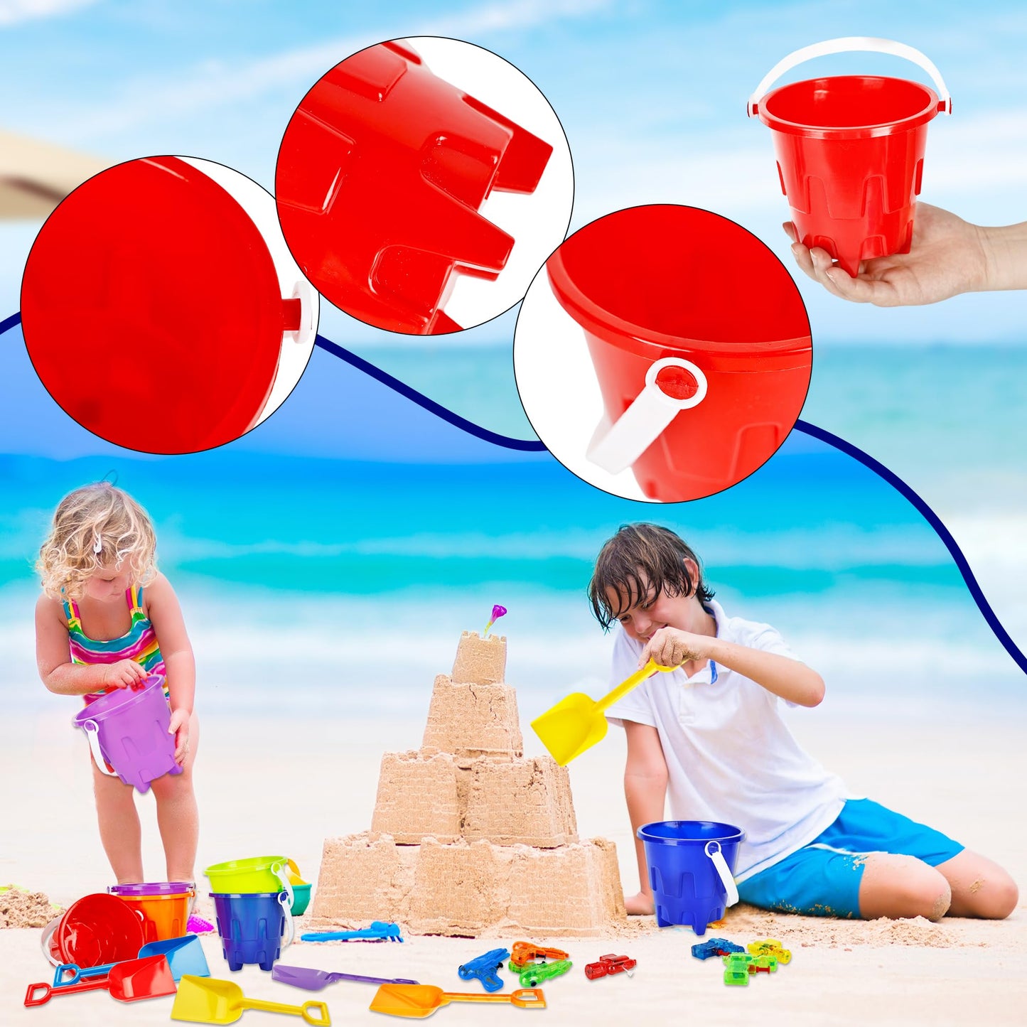 30 Pack Sand Castles 5 Inch Beach Buckets and Shovel Set Including 10 Plastic Buckets 10 Sand Shovel Sand Pail Bulk with10 Water Gun for Kids Summer Seaside Beach Pool Party