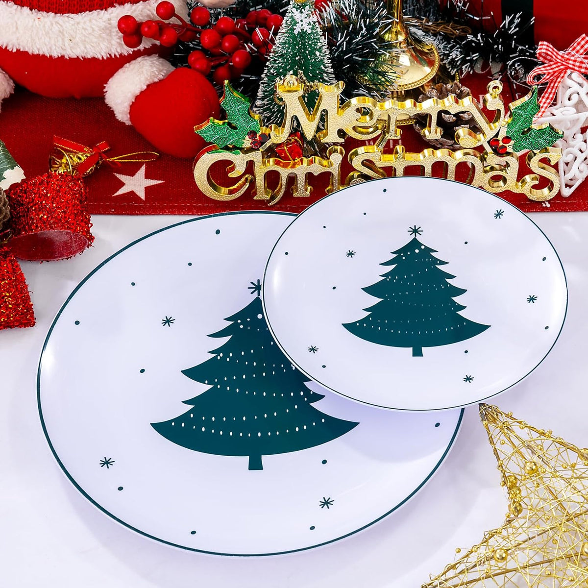 WDF 50 Pieces Christmas Plastic Plates - White Plastic Plates with Christmas Tree - Heavy Duty White and Green Disposable Plates for Christmas