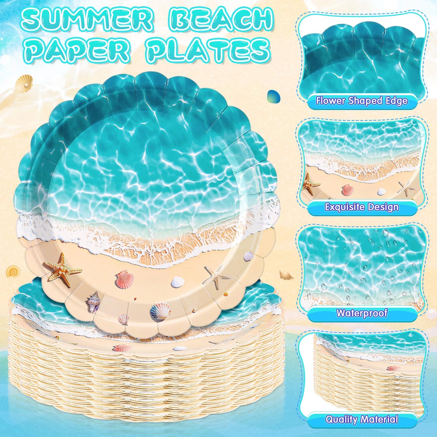 Funnymoom 96 Pieces Summer Beach Ocean Tableware Set for 48 Guests Include 48 Pcs 7 Inch Dessert Plates and 48 Napkins Watercolor Disposable Dinnerware for Hawaiian Holiday Birthday Party Supplies
