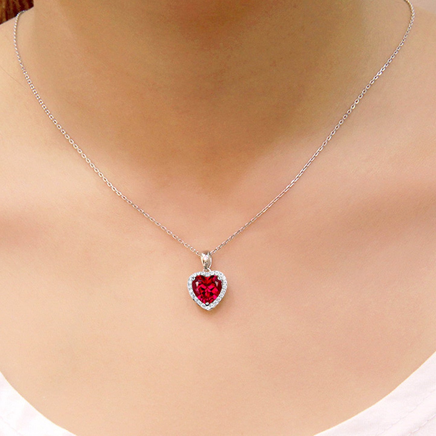 Navachi 925 Sterling Silver 18k White Gold Plated 3.7ct Heart Ruby Az9037a Necklace Pendant 18"