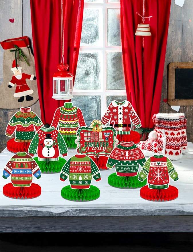 Christmas Ugly Sweater Party Table Decorations, 9 Pcs Ugly Sweater Honeycomb Centerpieces, 3D Funny Holiday Table Topper for Christmas Party Supplies, Winter Home & Office Decor