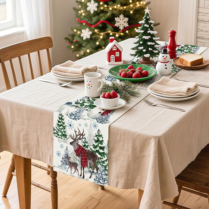 Artscope Reindeer Snowman Christmas Tree Table Runner, Xmas Winter Snowflakes Holiday Kitchen Dining Table Decoration for Christmas Home Party Decor 13x120 Inch-Beige