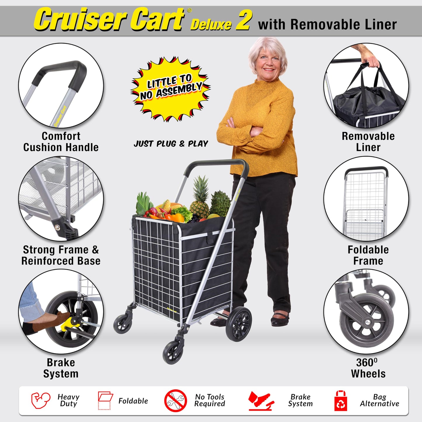 dbest Products Cruiser Cart Deluxe 2 with Liner Bag Bundle Shopping Grocery Rolling Folding Laundry Basket on Wheels Foldable Utility Trolley Compact Lightweight Collapsible