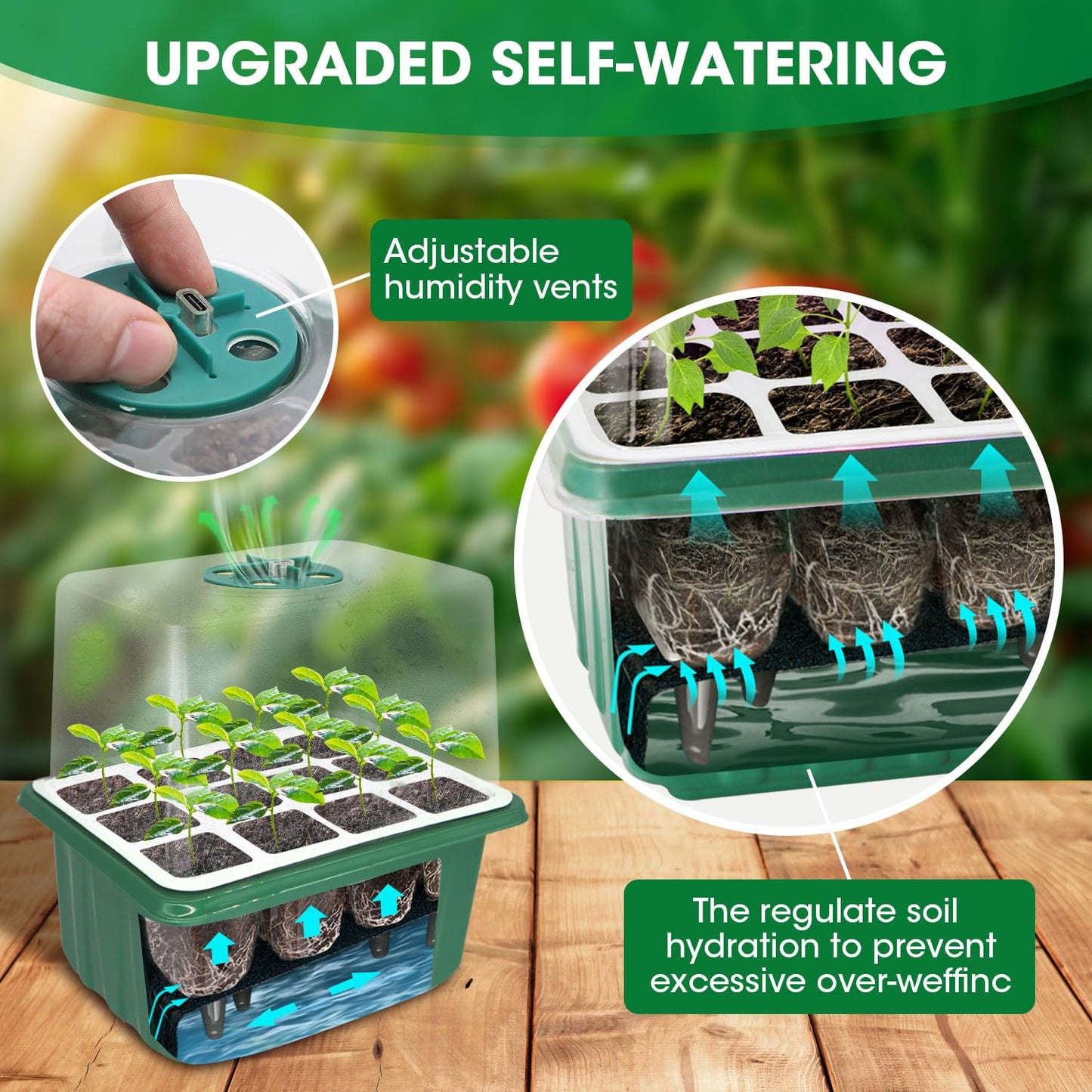 5PCS 60 Cell Self Watering Seed Starter Tray with Grow Light, Reusable Silicone Seed Starter Kit with Humidity Dome, 60 Cells Plant Germination Trays for Seeding Planting Growing（5-Pack 60-Cell）