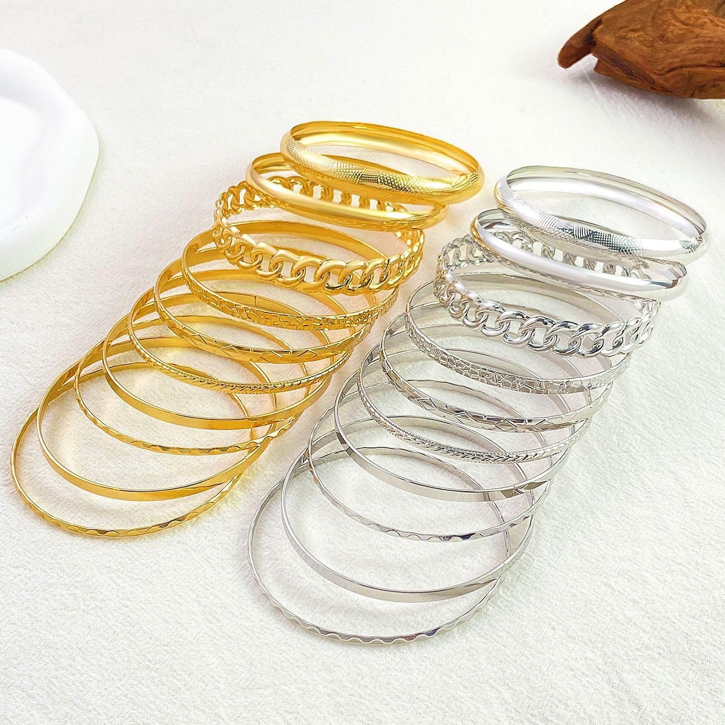 RINTOLER 10Pcs Chunky Silver Bangle Bracelets Set for Women - Multi Layer Stackable Textured Bracelets Indian Bangles Boho Jewelry Set (B-10PC-Silver)