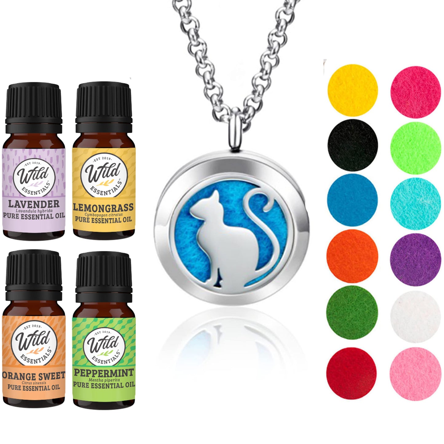 Wild Essentials Pretty Kitty Cat Necklace Essential Oil Diffuser Kit, Lavender, Lemongrass, Peppermint, Orange Oils, 12 Refill Pads, Calming Aromatherapy Gift Set, Customizable Color Changing, Perfume