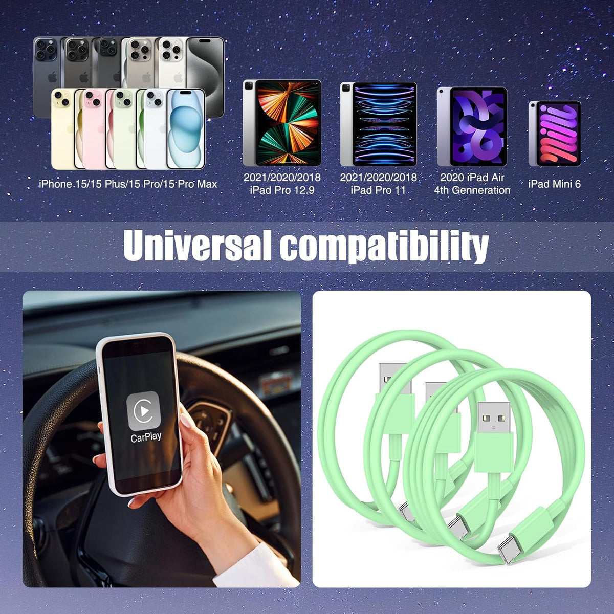 3-Pack Green [3.3FT+3.3FT+6FT] USB A to USB C Cable，USB to USB C Car Carplay Cable for iPhone 16 15 Pro Plus Pro Max，for iPad Pro/Air/Mini，for Samsung S24/S23/S22/S21，for MacBook Pro/Air and More