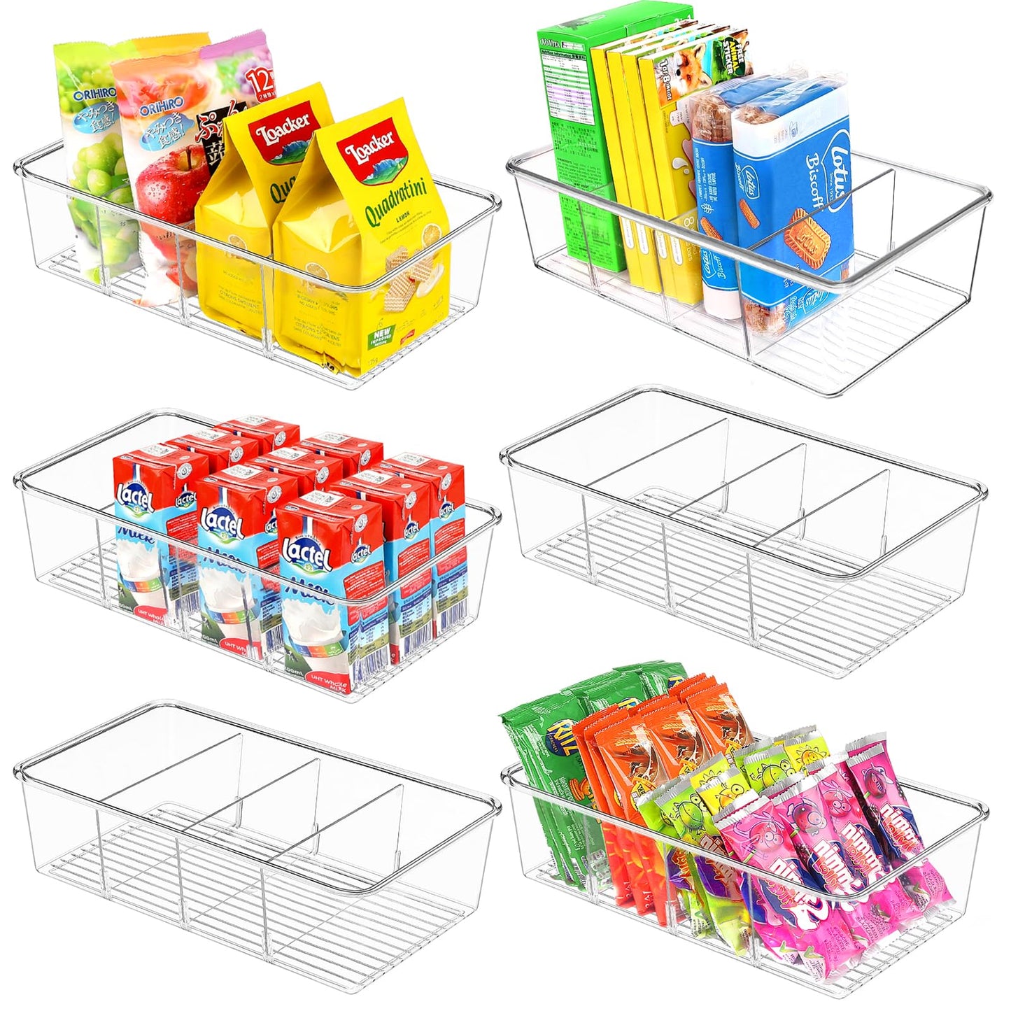 ZIZOTI Snack Organizer for Pantry Shelf, 6 Pack Clear Plastic Pantry Storage Bins with 3 Dividers for Snacks, Spices, Chips Food Organizer, Stackable Pantry Organizers for Kitchen, Fridge, Cabinet