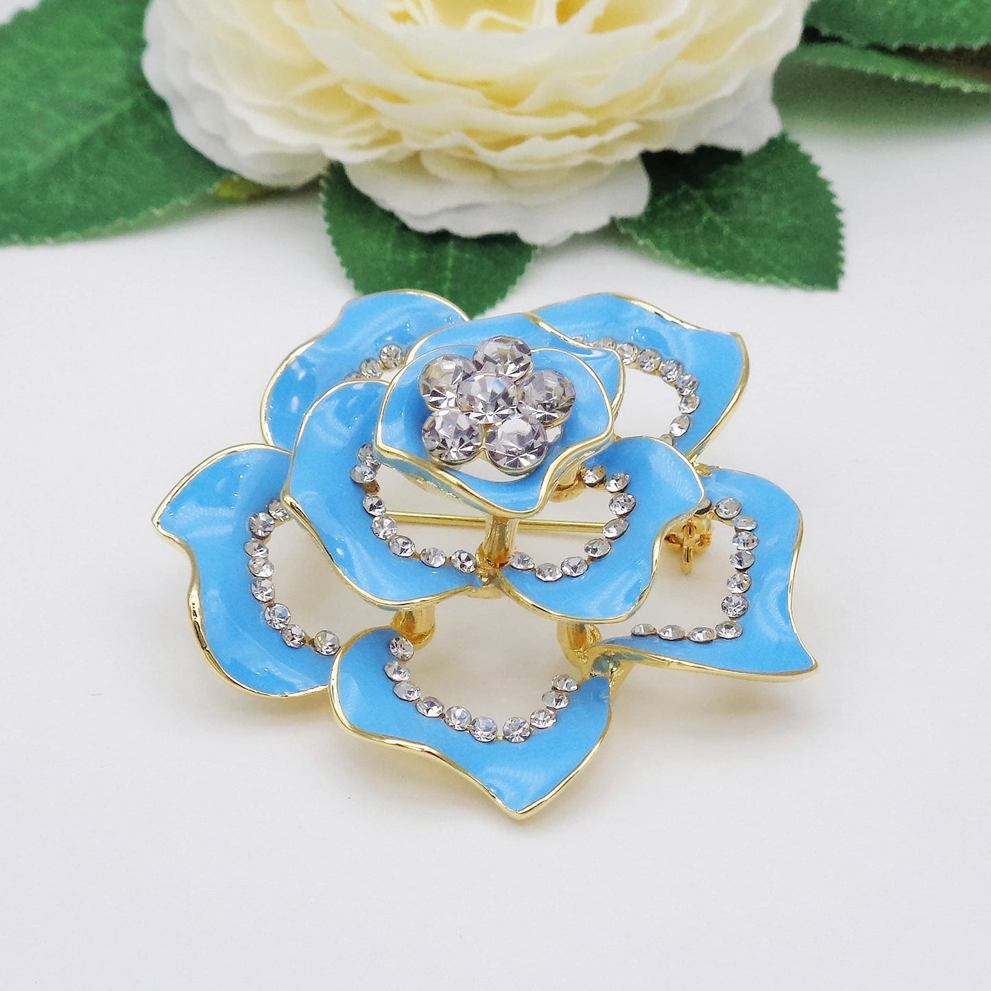 Navachi 18k Gold Plated Clear Crystal Blue Enamel Flower Az8007b Brooch pin