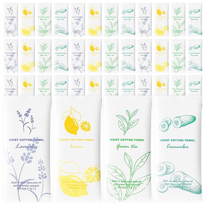 Moist Cotton Towel Bulk Moist Towelettes Individually Wrapped,White Towel Services,Refreshment Pre Moistened Towels for Dentist Travel Sport Party Hotel 240，Lavender,Green tea, Lemon and Cucumber