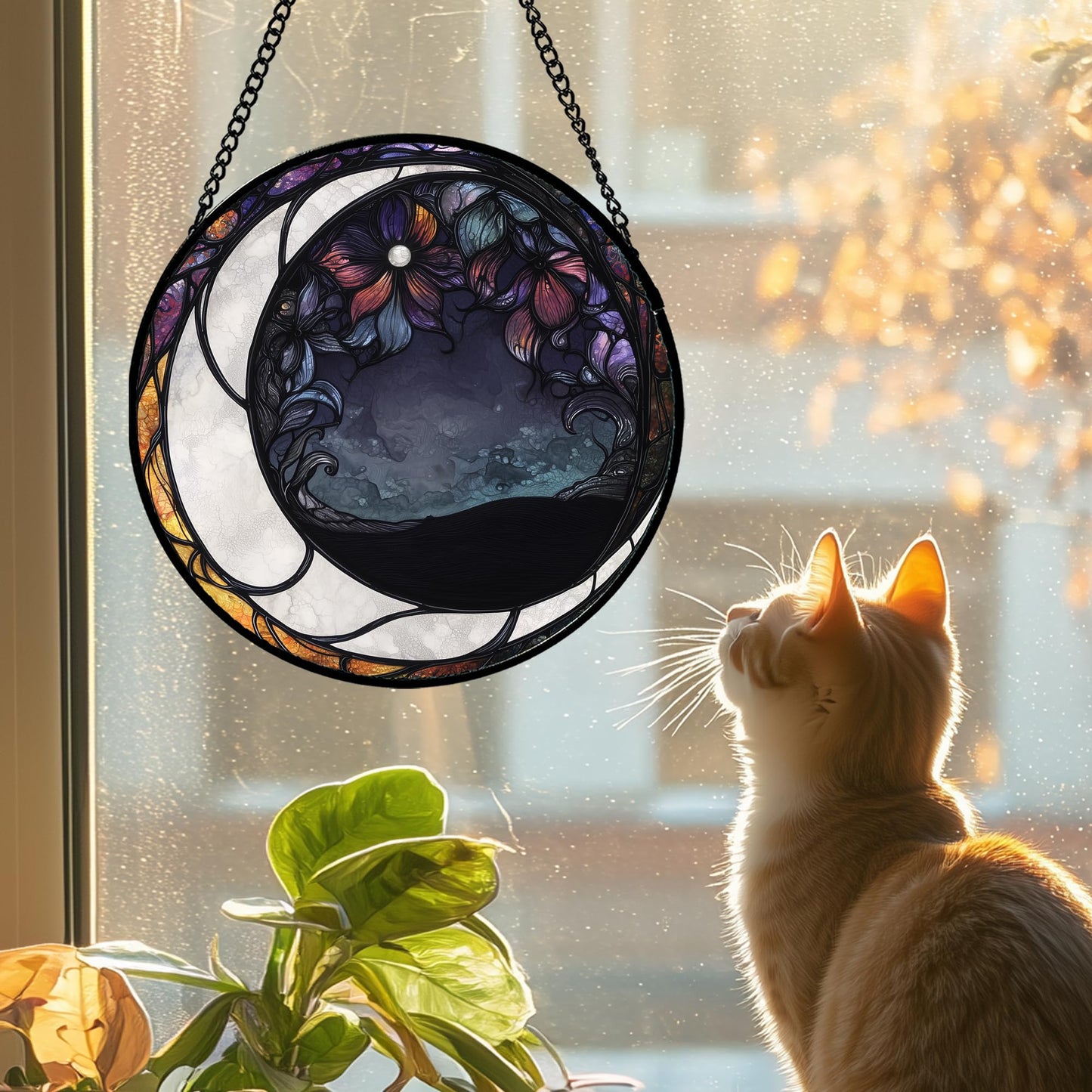 JOSUMALY Stained Glass Window Hanging - Black and White Moon Sun Catcher for Door Terrace Garden Home Decor, Abstract Plant Flower Suncatcher Birthday Gifts for Lovers Women Men Dad Mom Nana 15 in