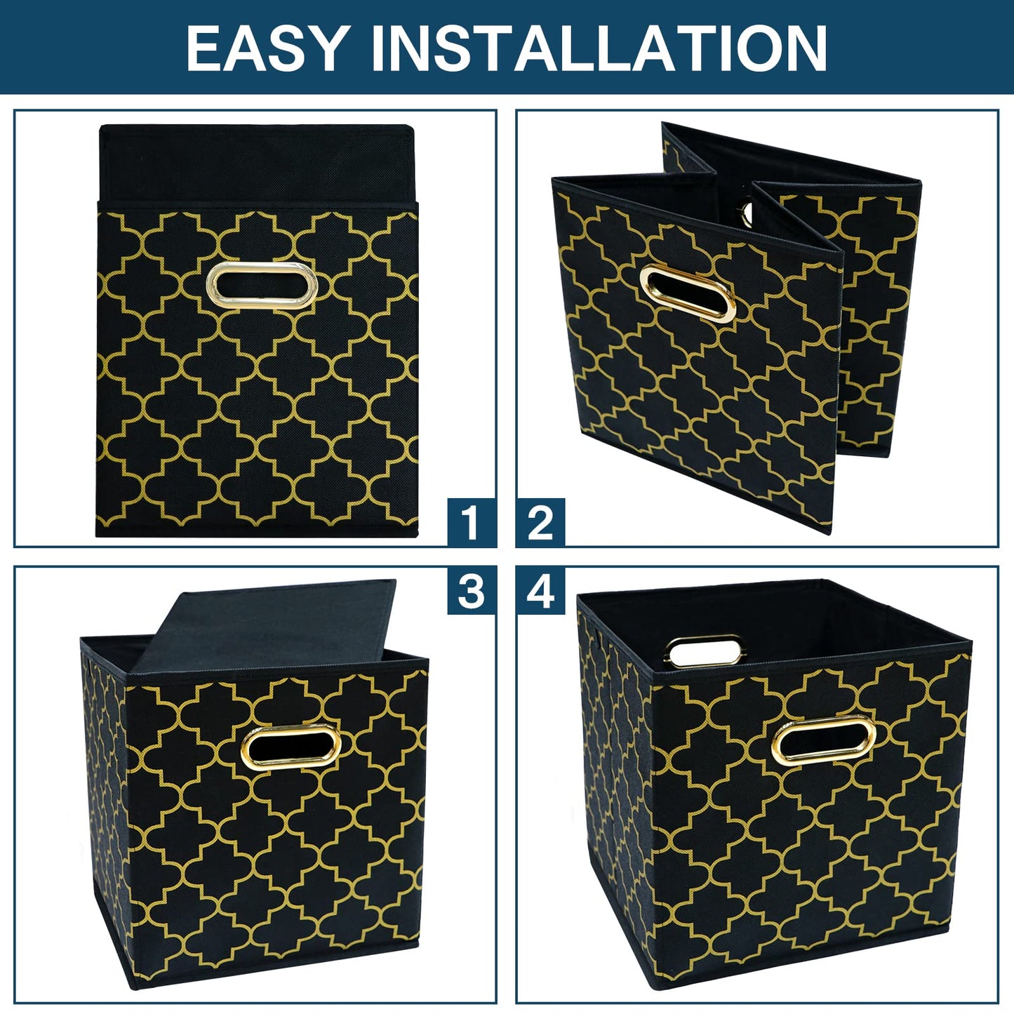 Yunkeeper Fabric storage bins Cubes, Fabric Cube Organizer with Handle, Foldable Cube Bins for Cloth or Accessary Storage, 11x11x11, Set of 3, (Black Gold)