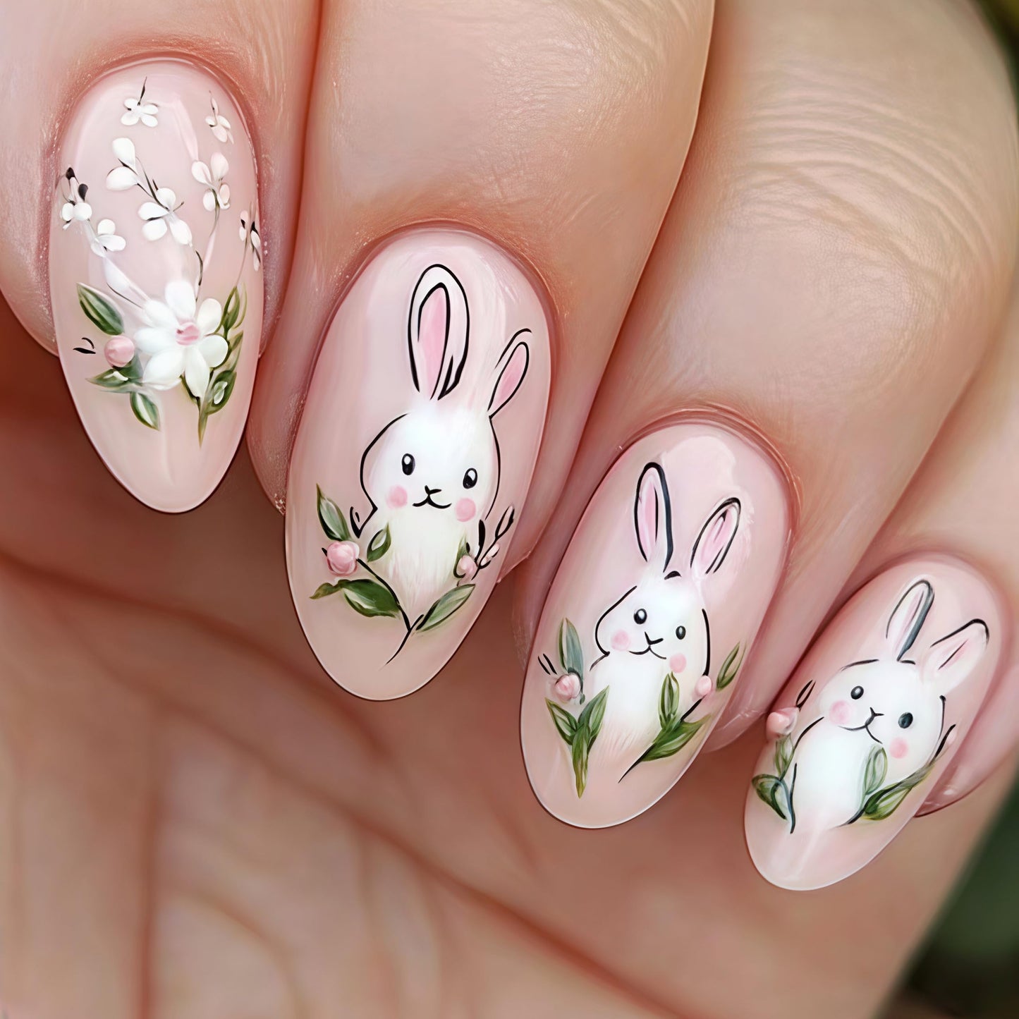 Spring Summer Easter Press on Nails Short Round Fake Nails Cute rabbit False Nails Summer Flowers Rabbit Acrylic Stick on for Women Girls Easter Manicure Decoration 24Pcs