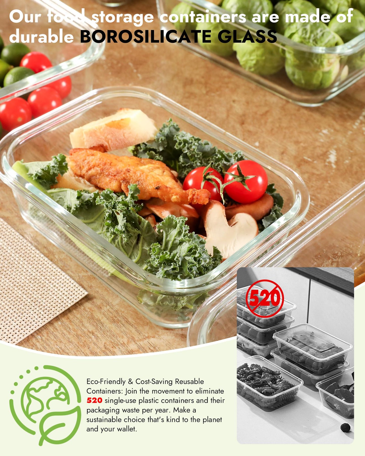 BOROHOUSE 12-Pack Glass Containers with Tempered Lids – Borosilicate, Oven-Safe(-4°F~950°F), Airtight, BPA-Free, Multi-Size for Meal Prep, Dishwasher Safe (Gray)