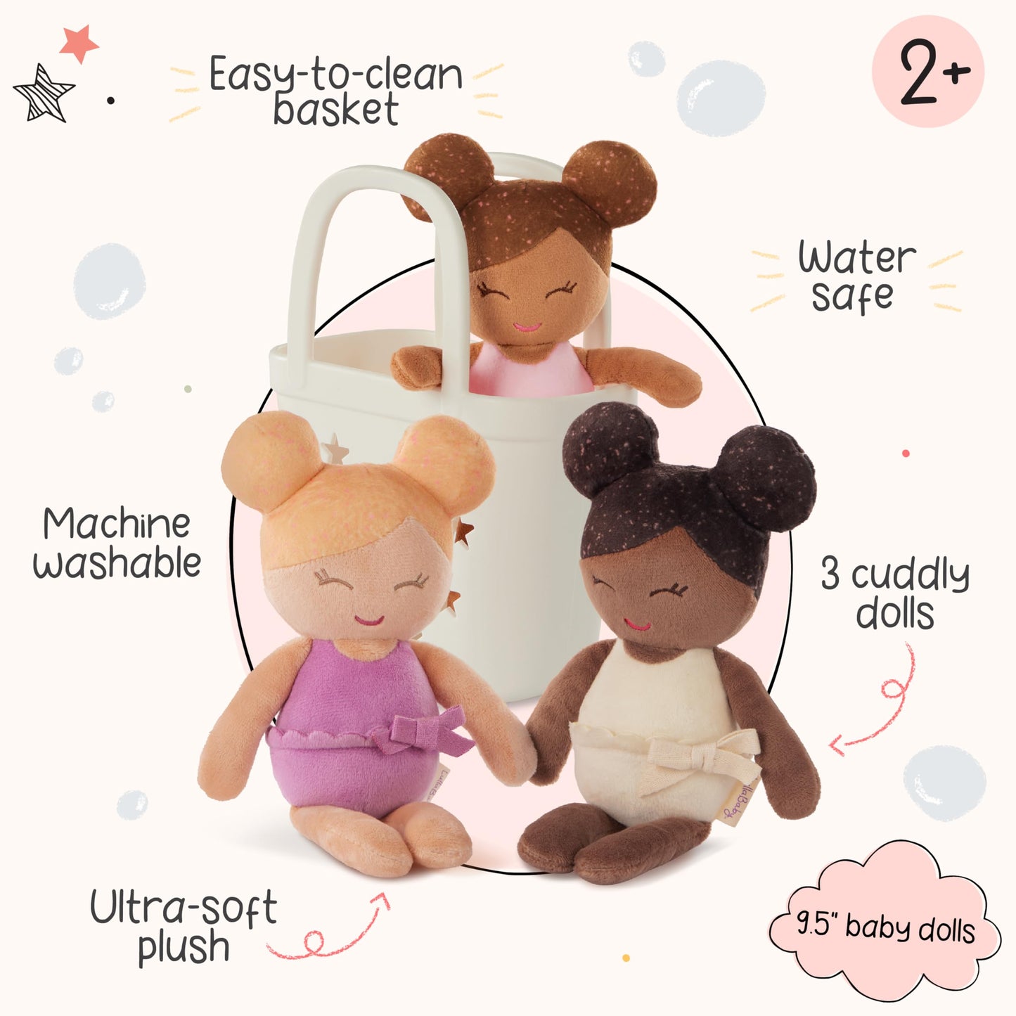 LullaBaby – 3 Pieces Set of Soft Plush Dolls for Real Water Play – Carrying Basket with Cute Star Cutouts – Pretend Play – Tub Toys for Kids 2+ Years– Bath Yoy Bundle