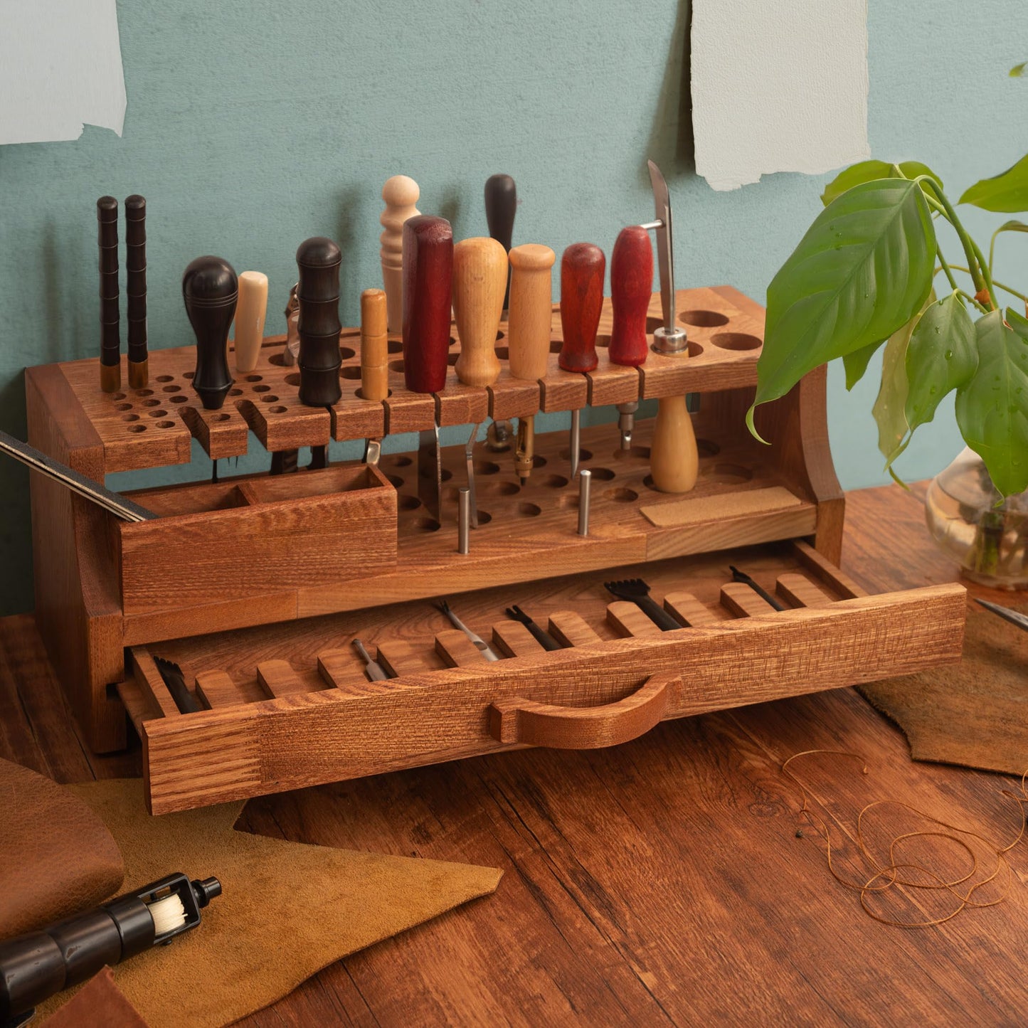 Onesince Oversized Leather Working Tool Holder, Solid Wood Leather Tool Holder, Punch Holder, Leather Tool Holders Organizers, Leather Working Tool Kit