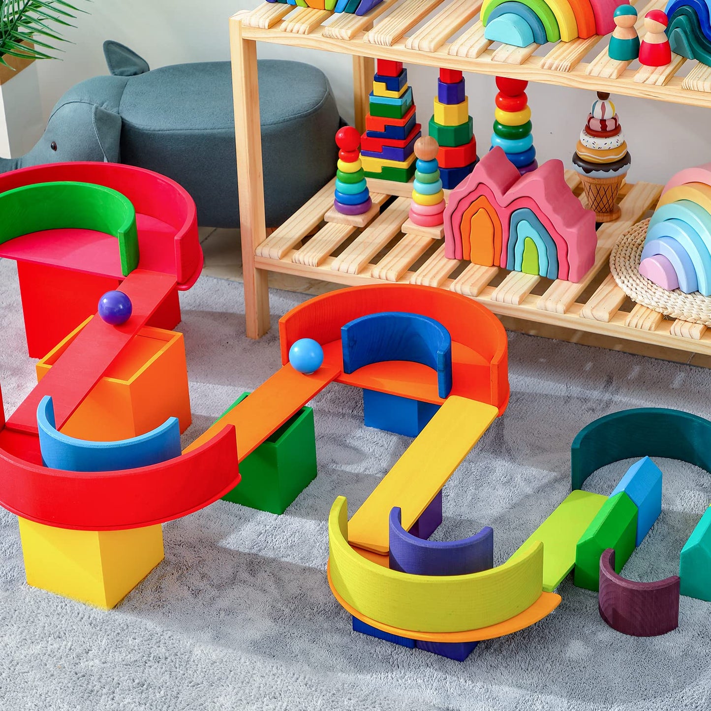 MERRYHEART Wooden Rainbow Stacking Toy - 12 Pieces Extra Large Montessori Wooden Stacking Arch Educational Toys, Nesting Puzzle Building Blocks for Kids Toddlers (Rainbow Stackers)