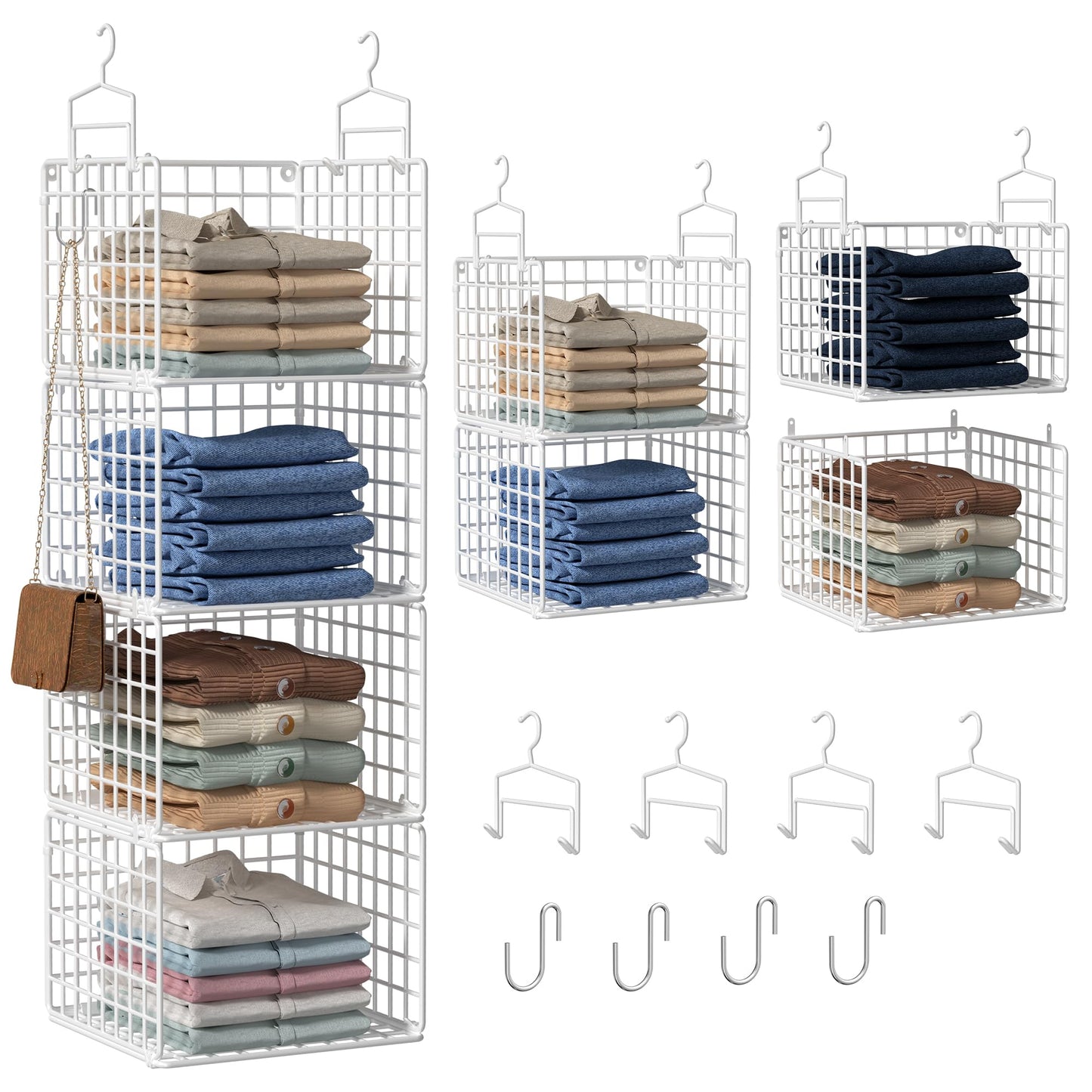 Orapoke Hanging Closet Organizer, 4 Tier Metal Closet Organizers and Storage with 4 Hanging Hooks 4 S-Hooks for Wardrobe Laundry Room, Wire Storage Shelf for Clothes Sweaters Pants (White)