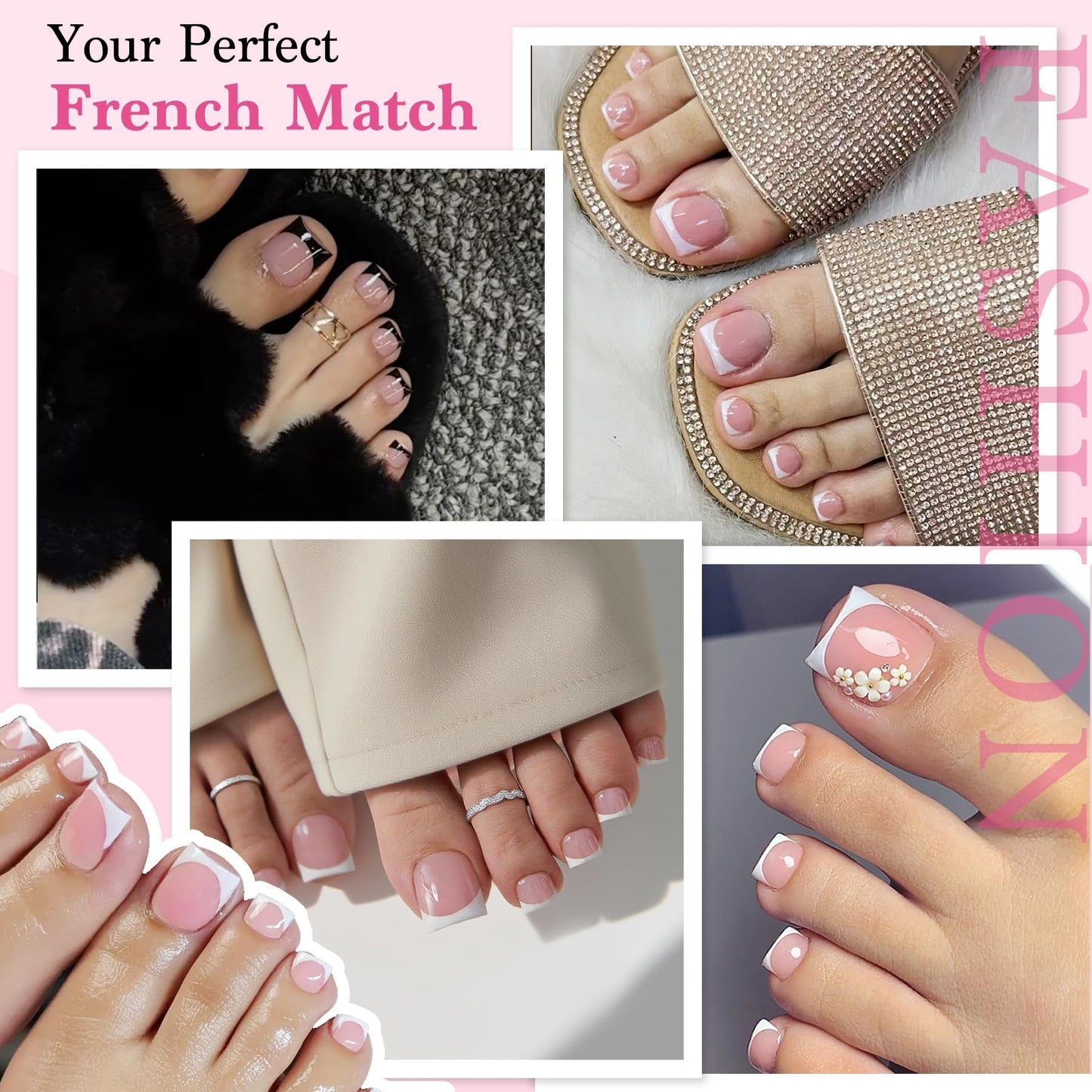 Press On Toenails for Women French Tips, Sharp Square Pre-applied Primer & Base Coat Toe Nail Press Ons Baby Pink Full Cover Fake Tips Extension 15 Sizes 270 Pcs