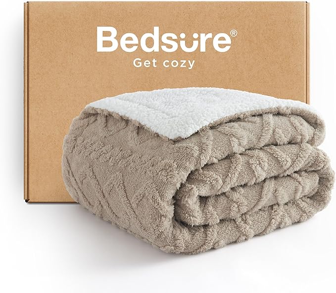 Bedsure Sherpa Fleece Blanket Twin Size for Bed - GentleSoft Fluffy & Cozy Cable Jacquard Tufted for Women Gift, Thick and Warm Blankets for Winter, Beige, 60x80 Inches