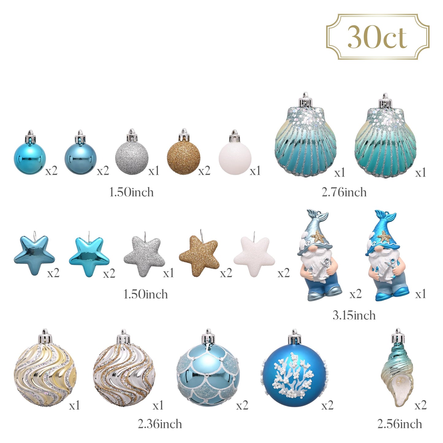 Valery Madelyn Summer Tree Ornaments, 30ct Teal Aqua Blue Shatterproof Beach Coastal Decor, Ocean Themed Christmas in July Tree Decorations, Hanging Gnome Seashell Conch Shell Coral for Tropical Party