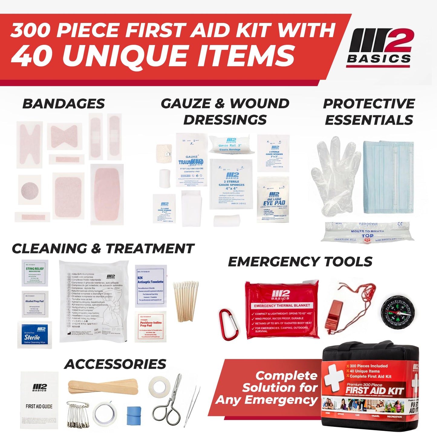 M2 BASICS 300 Piece First Aid Kit, 40 Items, Compact Emergency Medical Kit with Durable Carry Bag for Home, Car, Travel, Office, Camping