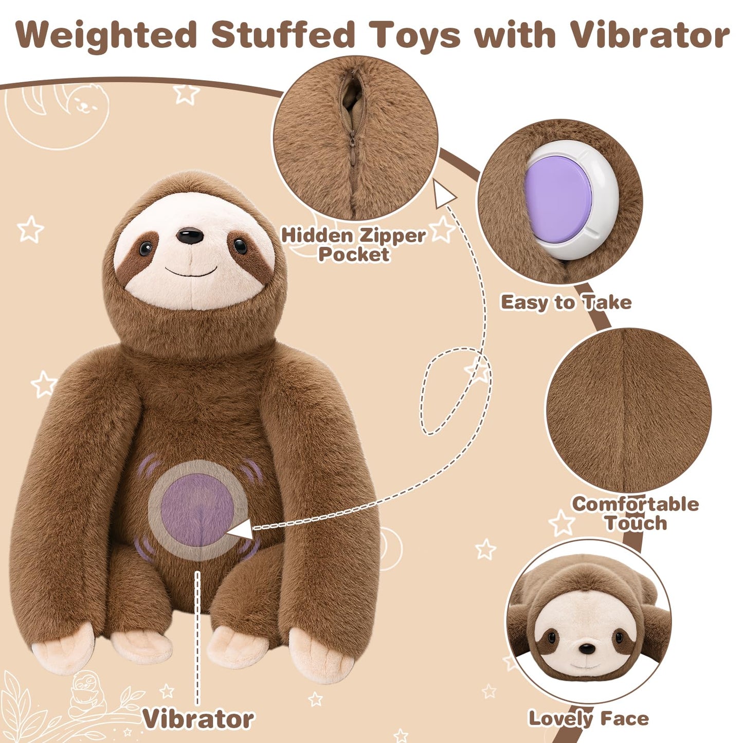 Joyreal Sloth Sensory Weighted Vibrating Pillow, Pressure Activated for Kids Adults, Plush Minky Soft Size: 11 by 21 inches Pillow Animal for Gift Birthday