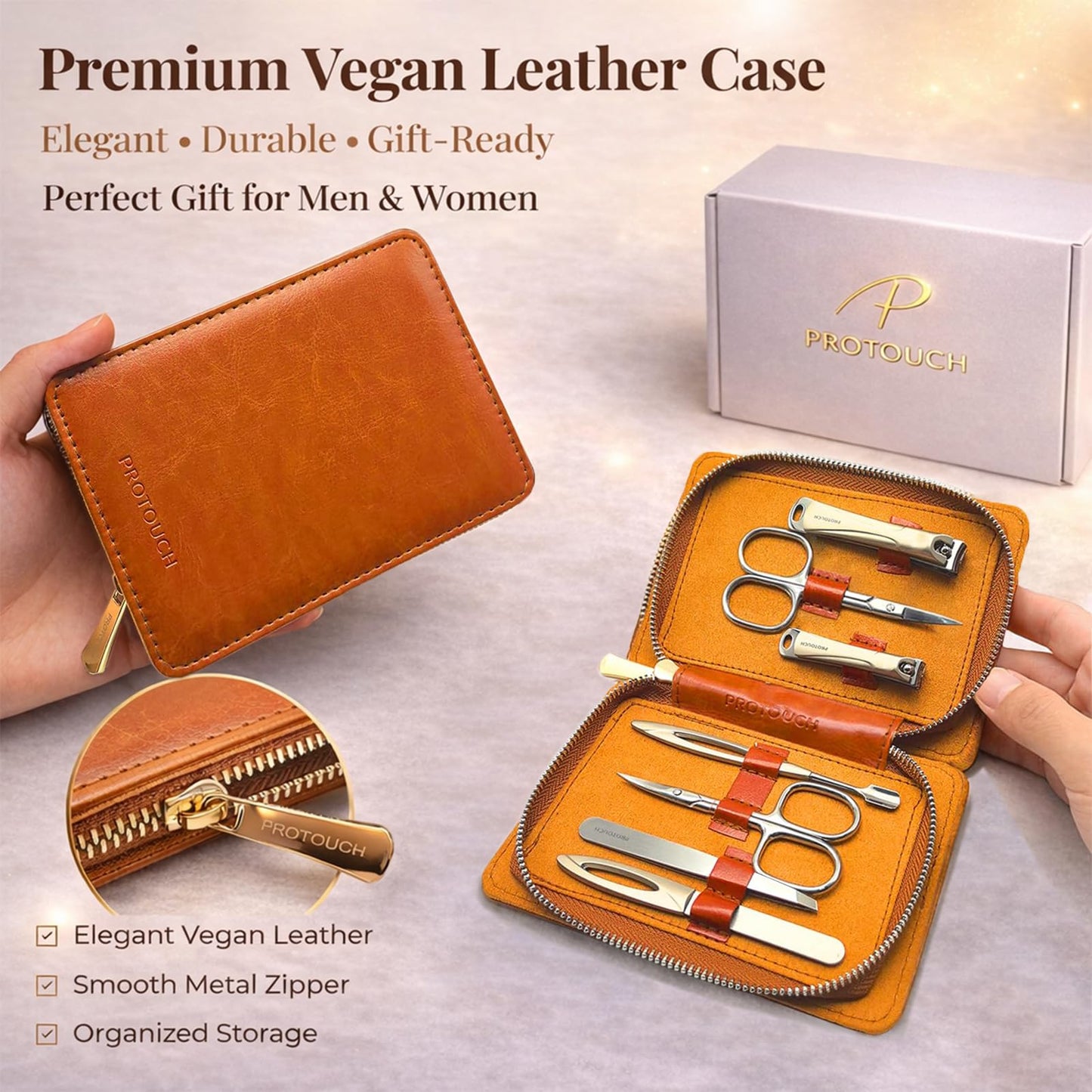 PROTOUCH Premium Manicure Set for Men & Women, Professional Nail Grooming Kit, Nail Clipper Set with Precision Stainless Steel Tools, Elegant Vegan Leather Travel Case, Luxury Gift Set