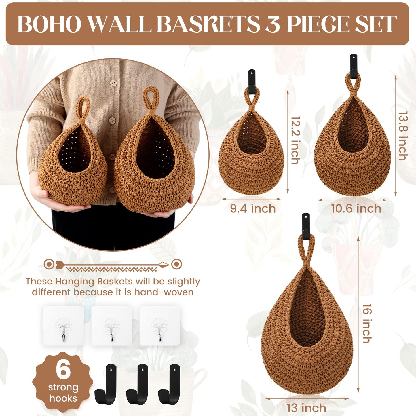 Boho Decor Hanging Fruit Baskets for Kitchen - 3 Pack Wall Hanging Basket with 6 Pcs Strong Hooks, Handwoven Hanging Holder Teardrop Produce Basket for Fruits Vegetable Potato Onion Storage (Linen)