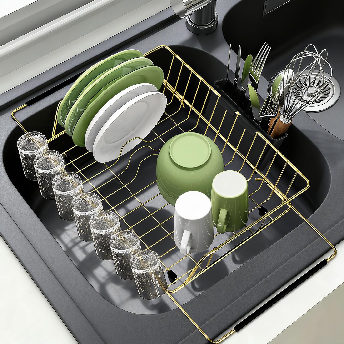 HAYAWEY Golden Expandable Dish Drying Rack-Extra Large Stainless Steel Dish Drainer Over The Sink for Kitchen Countertop with Utensil Holder, Applicable for Sink Width 16'-22' (Gold,23.2'*12.2')