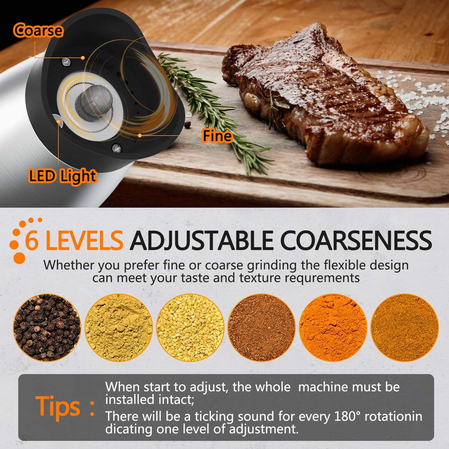 Electric Salt and Pepper Grinder Set, Rechargeable Automatic Pepper Mill Grinder with LED House Warming Gifts New Home, USB Adjustable Coarseness shakers, One-Hand Operation for Kitchen Appliances