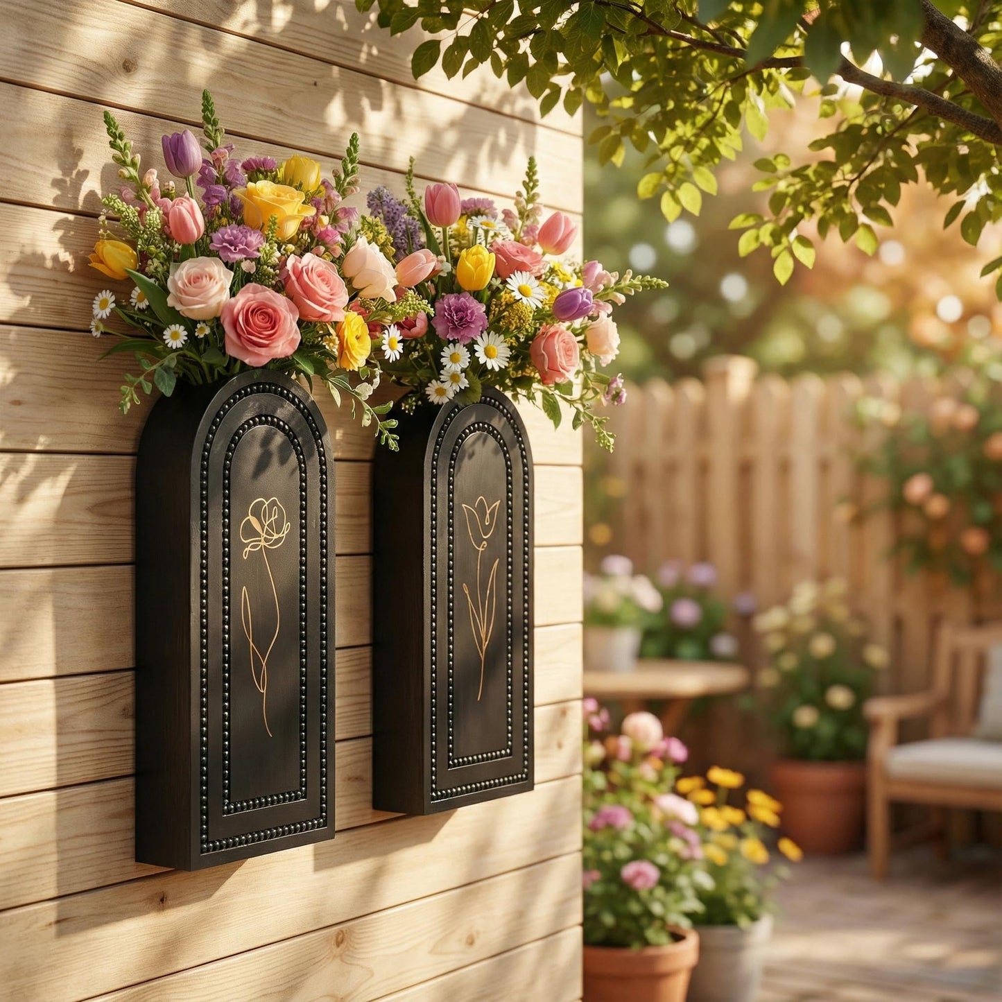 2 Pack Wooden Wall Planter Vase Set, Black Finish Modern Farmhouse & Boho Wall Decor for Living Room, Bathroom, Kitchen, Dining Room (Black)