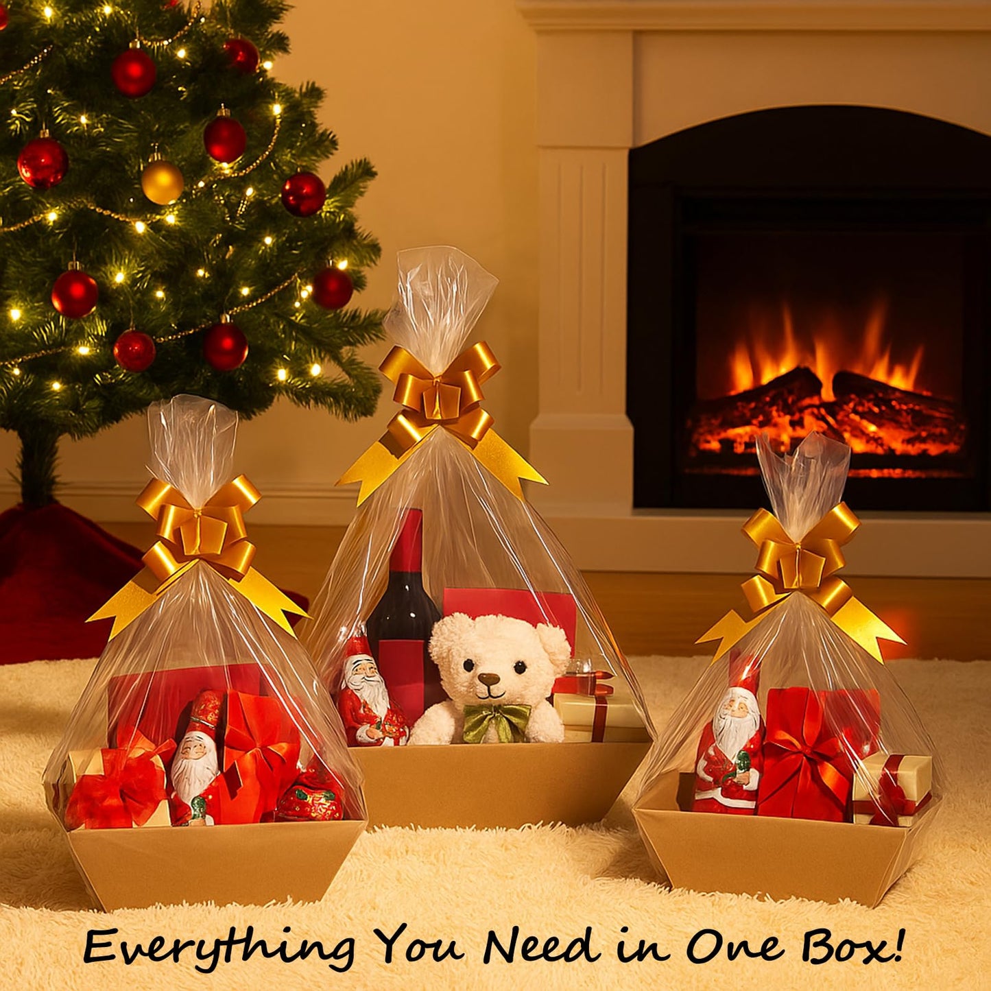 12 Pack Baskets for Gifts Empty, 10 x 7 x 3” Kraft Empty Gift Basket to Fill with 16 Cellophane Bags & 16 Pull Bows, Gift Baskets Bulk with Cellophane Wrap Set for Valentine’s Day, Christmas, Easter