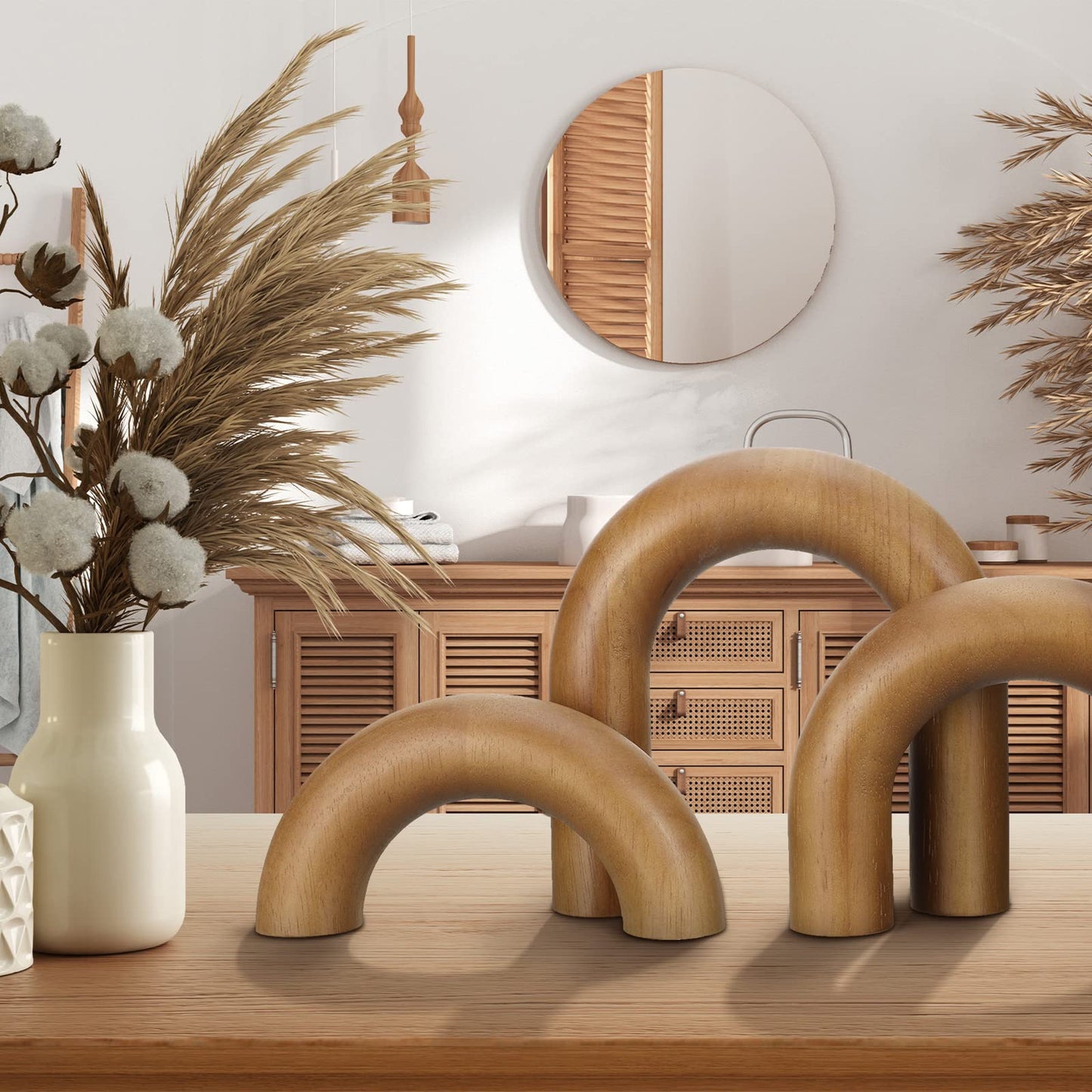 Roowest 3 Pieces Wood Arch Book Shelf Decor Wooden Coffee Table Natural Modern Home Mantel Decorations for Living Room Entryway, Small Medium Large