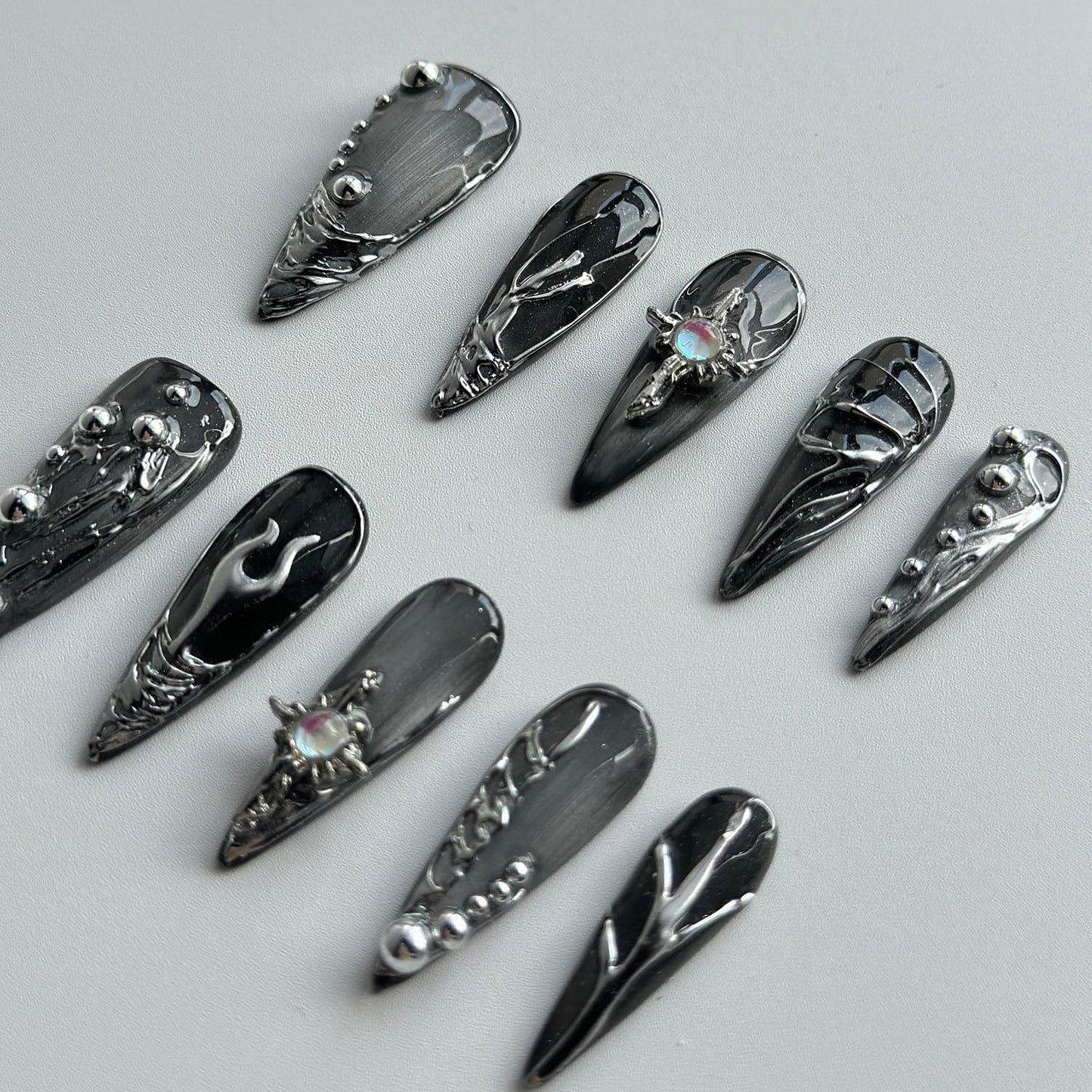 Luxury Press on Nails Long Almond Handmade 3D Unique Reusable ABS Material Fake French Tip Gothic False Nails with Designs Silver Curve Line Black&Gray Glue on Nails Thick Acrylic Nails(M)