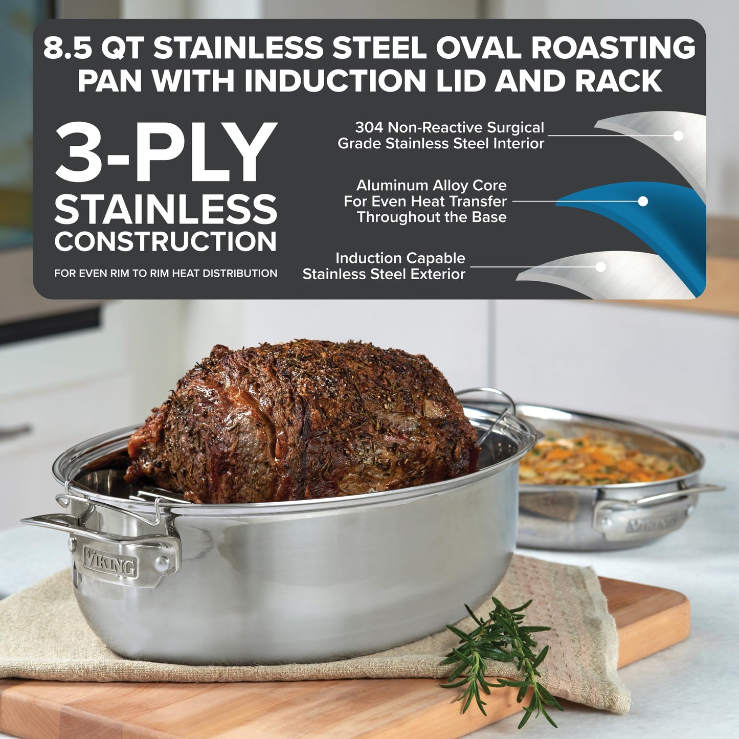 Viking 3-Ply Oval Roasting Pan, 8.5 Quart, Stainless Steel Kitchen Cookware with Metal Induction Lid and Rack, Great for Turkey, Dishwasher and Oven Safe, Silver