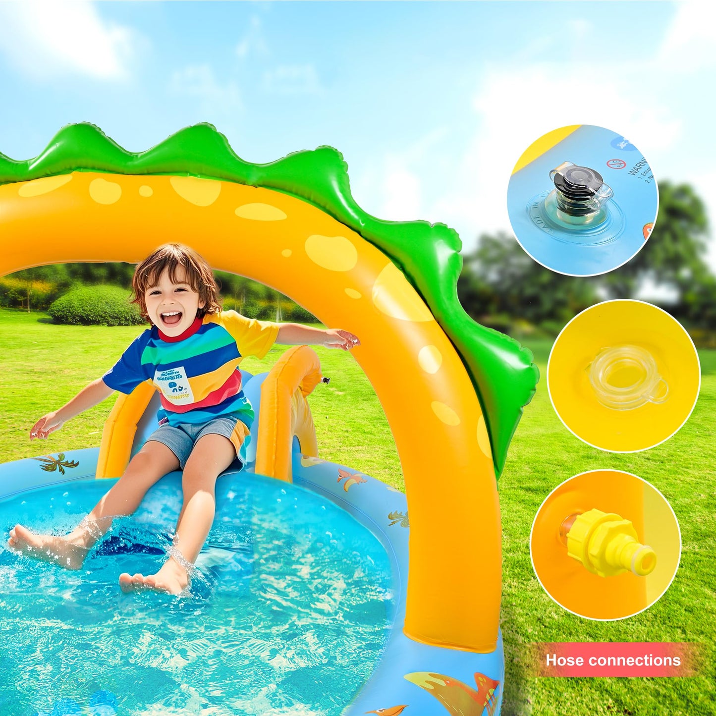 SULIFEEL Dinosaurs Inflatable Play Center Kiddie Pool with Slide and Sprinkler for Children, 96''x59''x39'' Baby Pool for Backyard and Garden